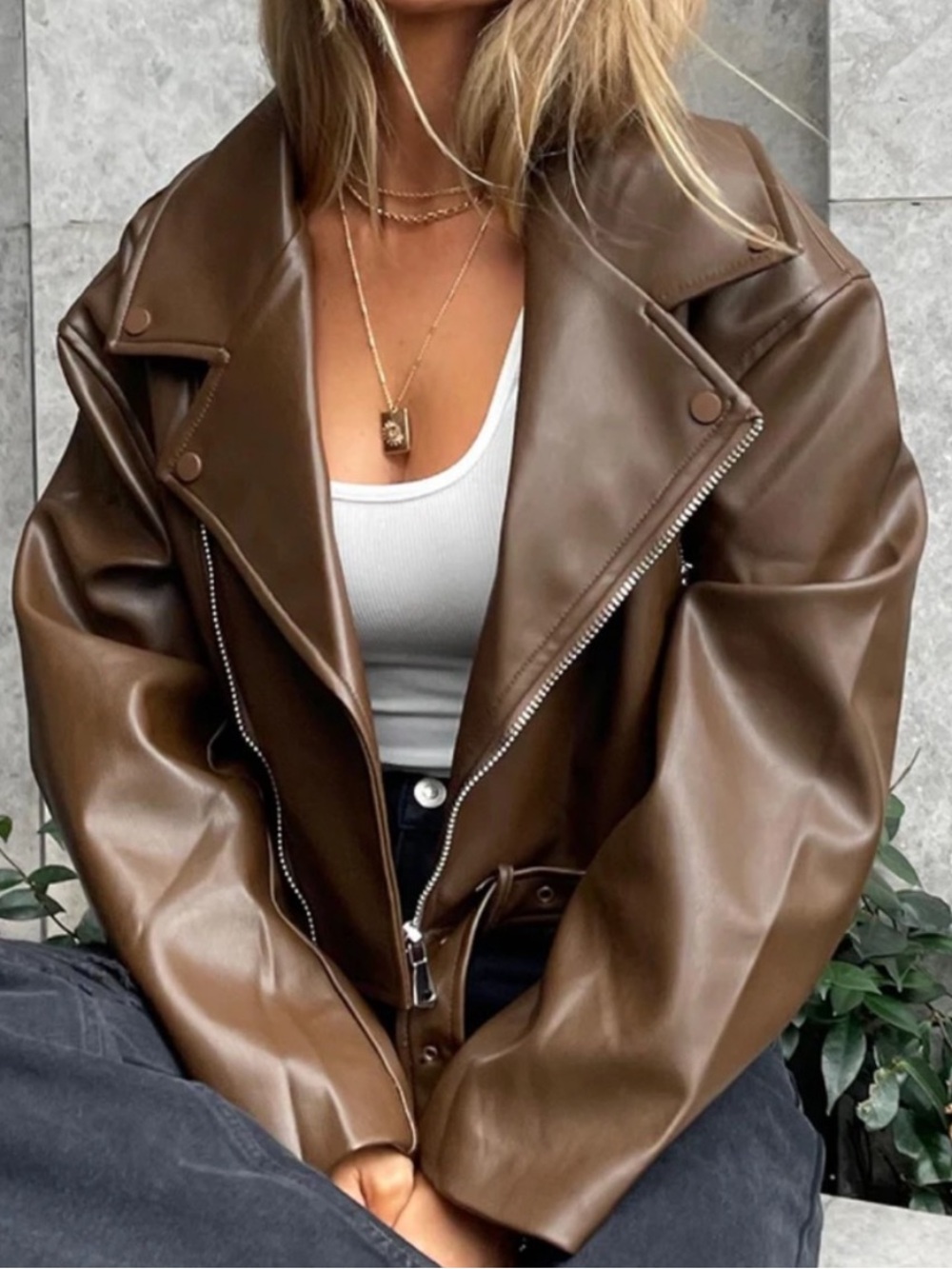 NEW Princess Polly Lioness Staten Island Brown Faux Leather Oversize Moto Jacket